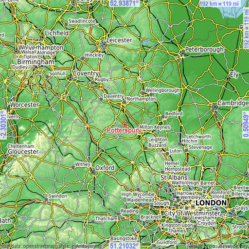 Topographic map of Potterspury