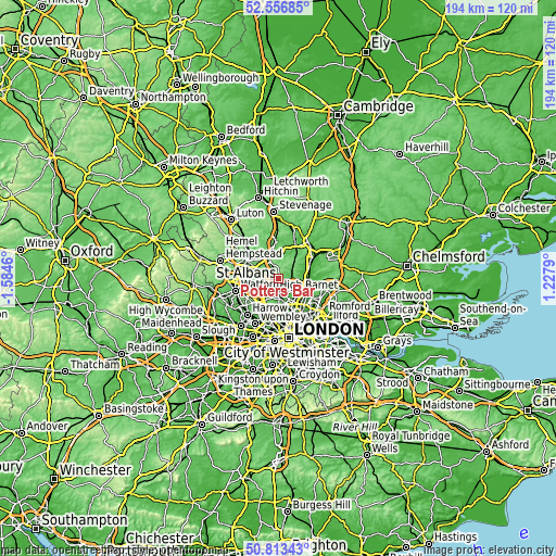 Topographic map of Potters Bar