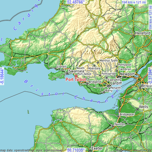 Topographic map of Port Talbot