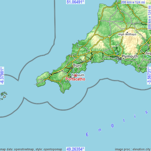 Topographic map of Portscatho