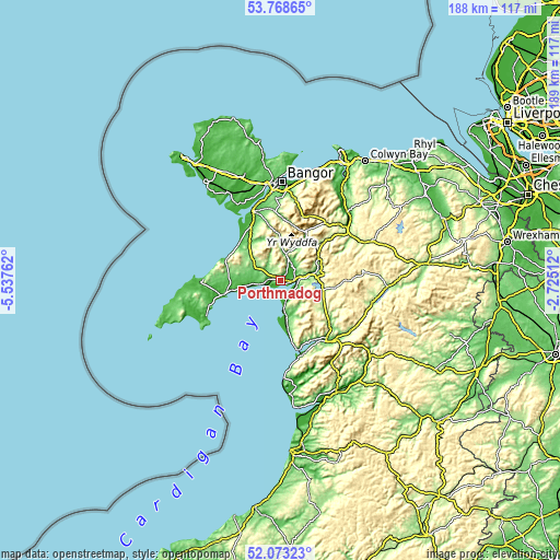 Topographic map of Porthmadog