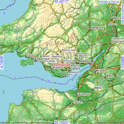 Topographic map of Pontypridd