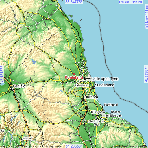 Topographic map of Ponteland