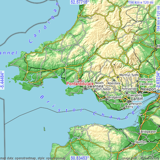 Topographic map of Pontarddulais