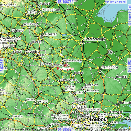 Topographic map of Podington
