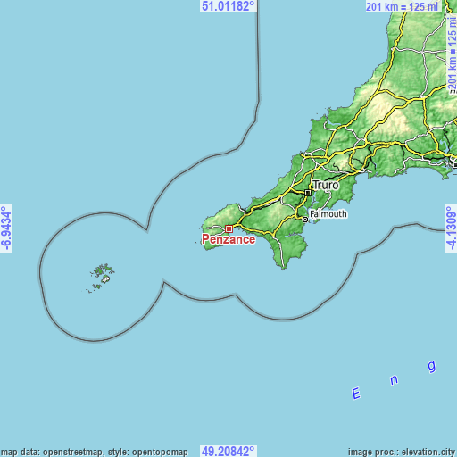 Topographic map of Penzance