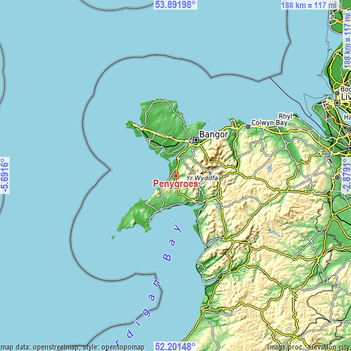 Topographic map of Penygroes