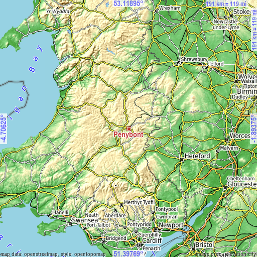 Topographic map of Penybont