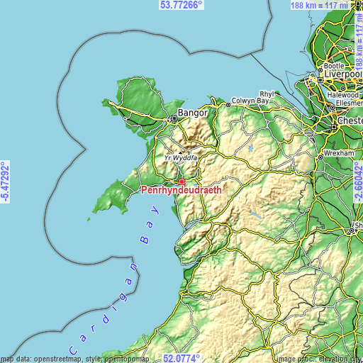 Topographic map of Penrhyndeudraeth