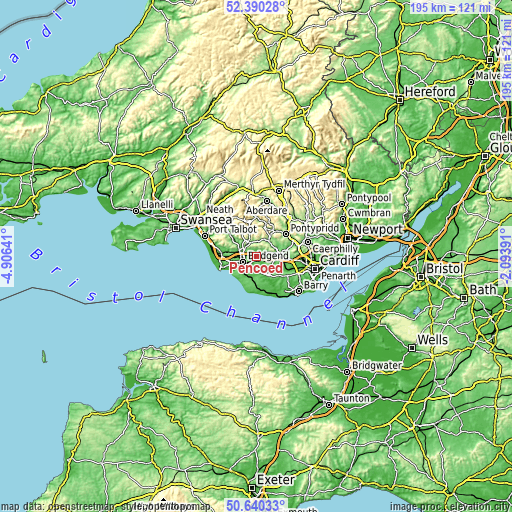 Topographic map of Pencoed