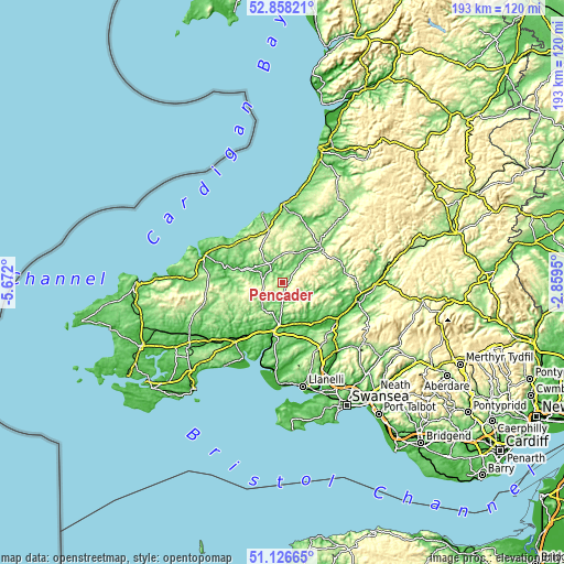 Topographic map of Pencader