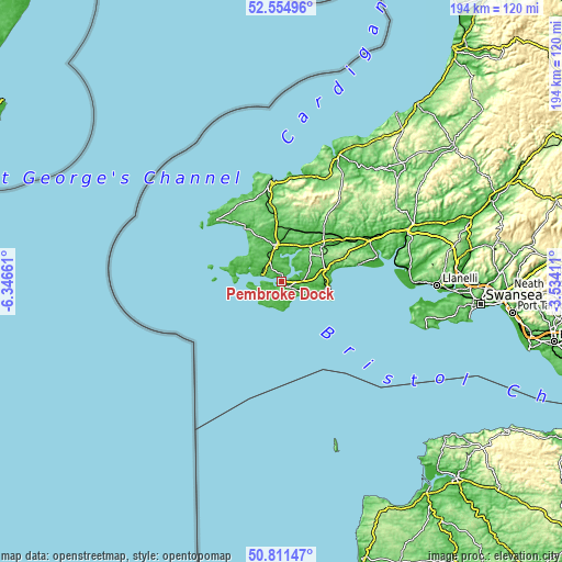 Topographic map of Pembroke Dock