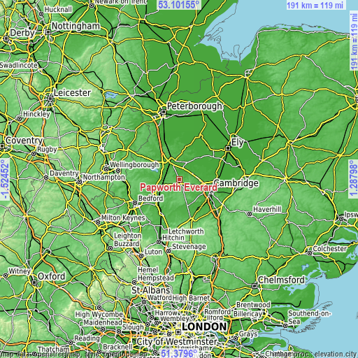 Topographic map of Papworth Everard