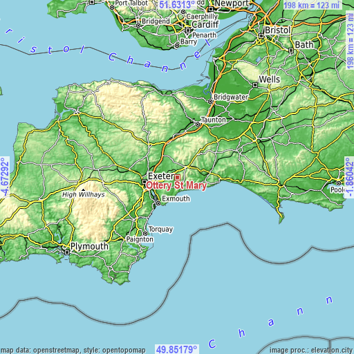 Topographic map of Ottery St Mary