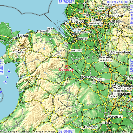 Topographic map of Oswestry