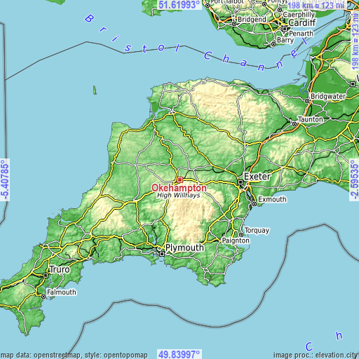 Topographic map of Okehampton