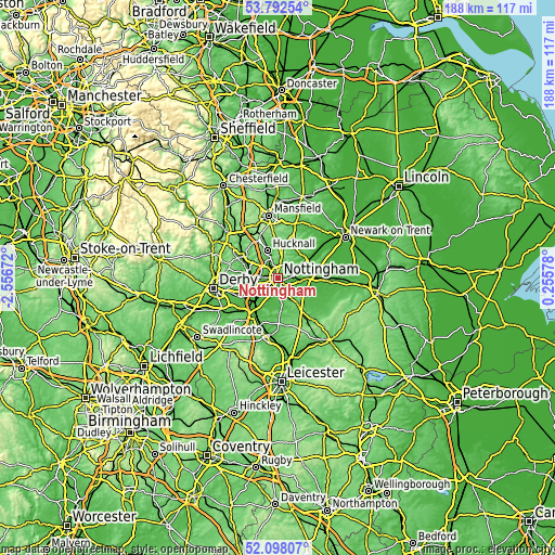 Topographic map of Nottingham