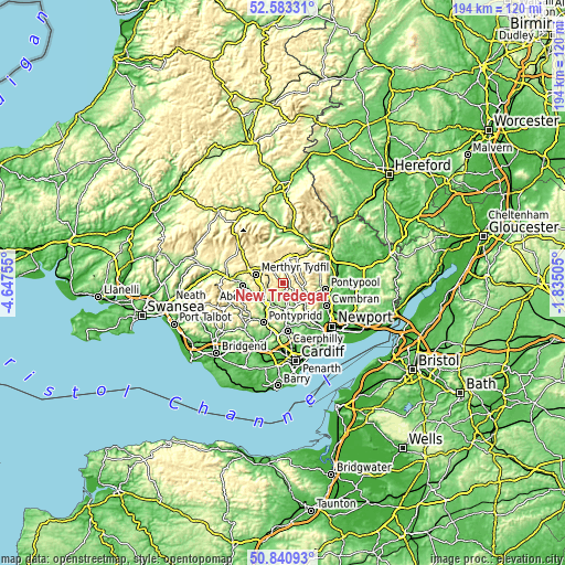 Topographic map of New Tredegar