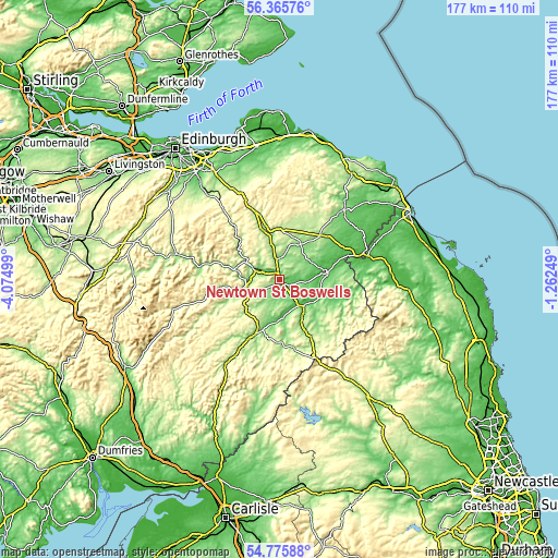 Topographic map of Newtown St Boswells