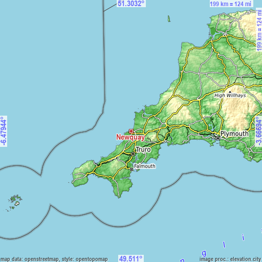 Topographic map of Newquay