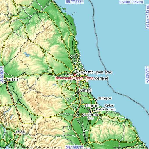 Topographic map of Newcastle upon Tyne