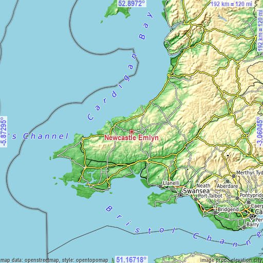 Topographic map of Newcastle Emlyn