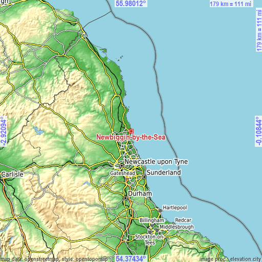 Topographic map of Newbiggin-by-the-Sea