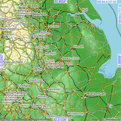 Topographic map of Newark on Trent