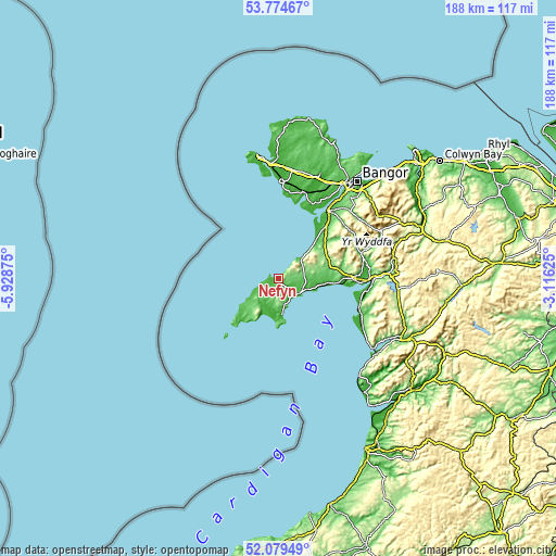 Topographic map of Nefyn