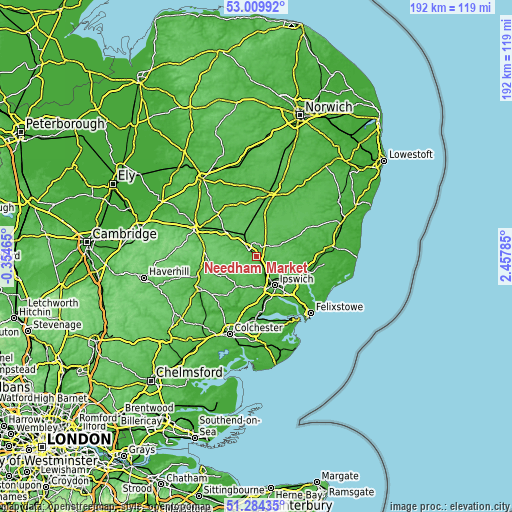 Topographic map of Needham Market