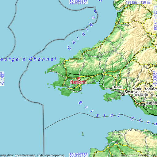 Topographic map of Narberth