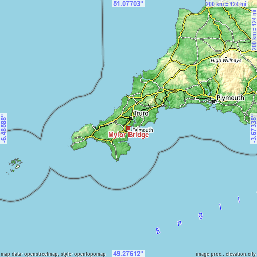 Topographic map of Mylor Bridge