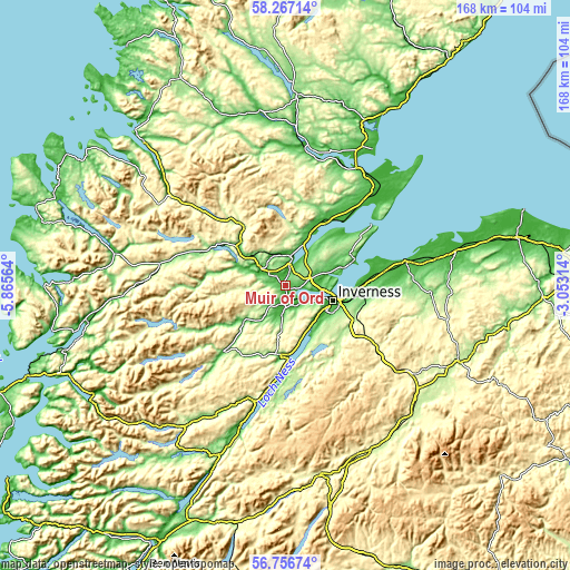 Topographic map of Muir of Ord