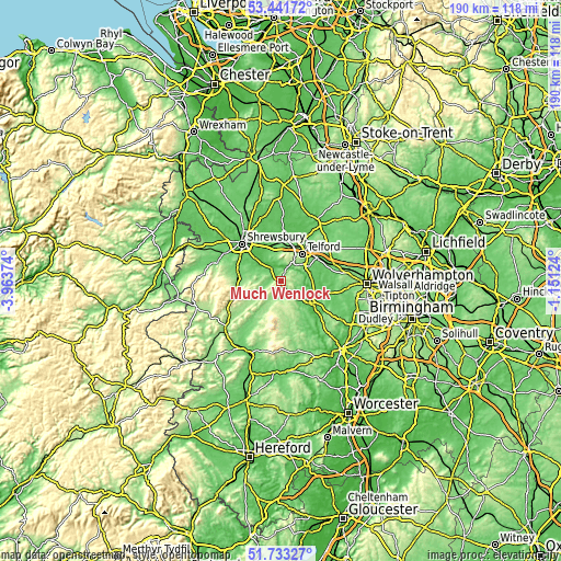 Topographic map of Much Wenlock