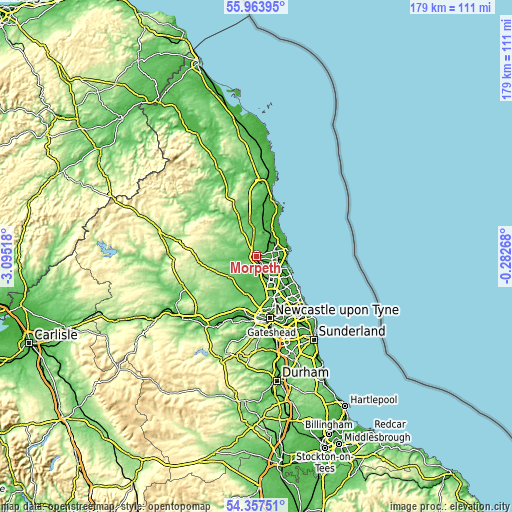 Topographic map of Morpeth