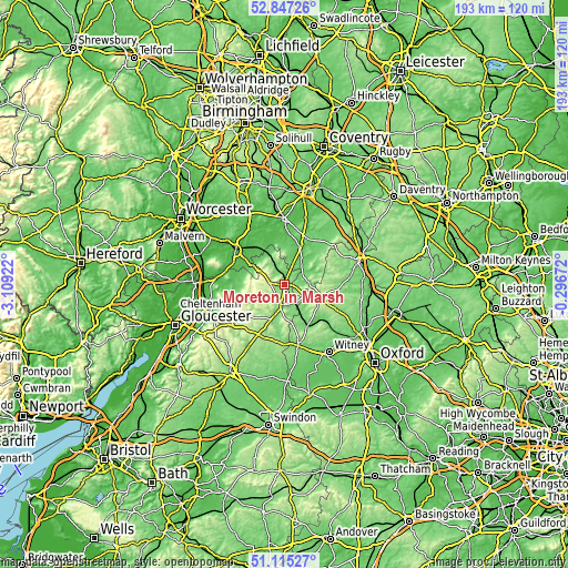 Topographic map of Moreton in Marsh