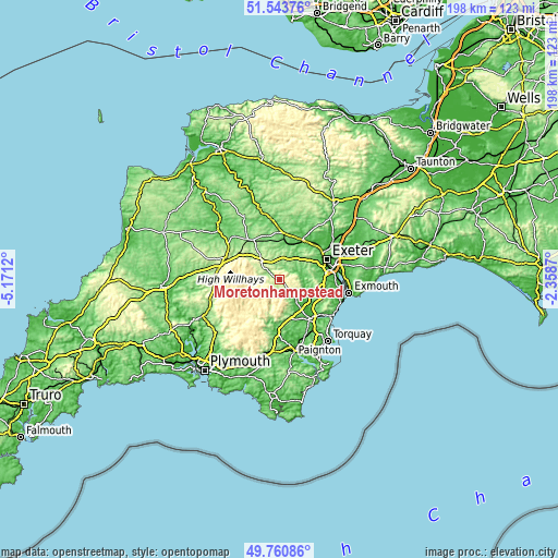 Topographic map of Moretonhampstead