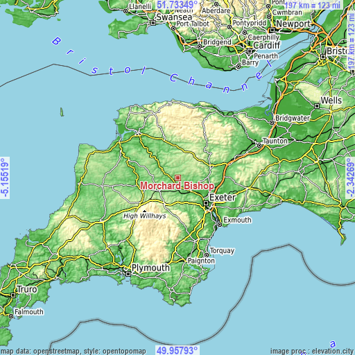 Topographic map of Morchard Bishop
