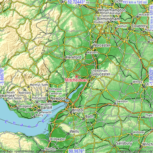 Topographic map of Mitcheldean