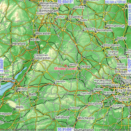 Topographic map of Minster Lovell