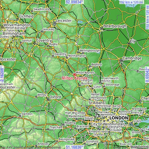 Topographic map of Milton Keynes