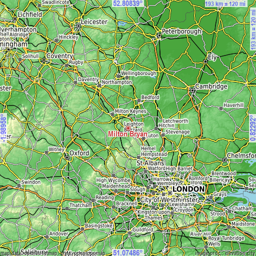 Topographic map of Milton Bryan