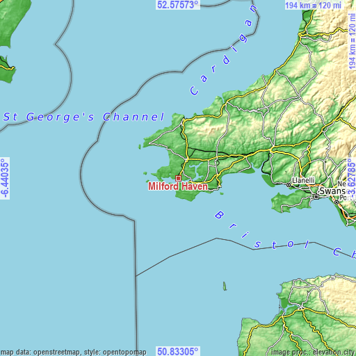 Topographic map of Milford Haven