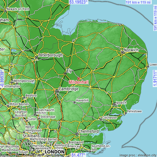 Topographic map of Mildenhall