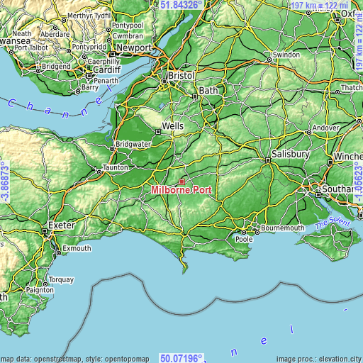 Topographic map of Milborne Port