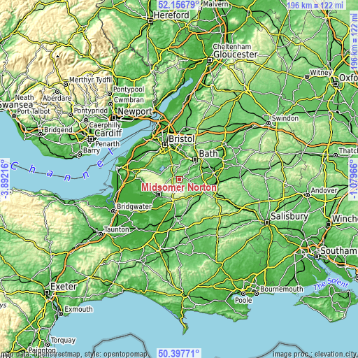 Topographic map of Midsomer Norton
