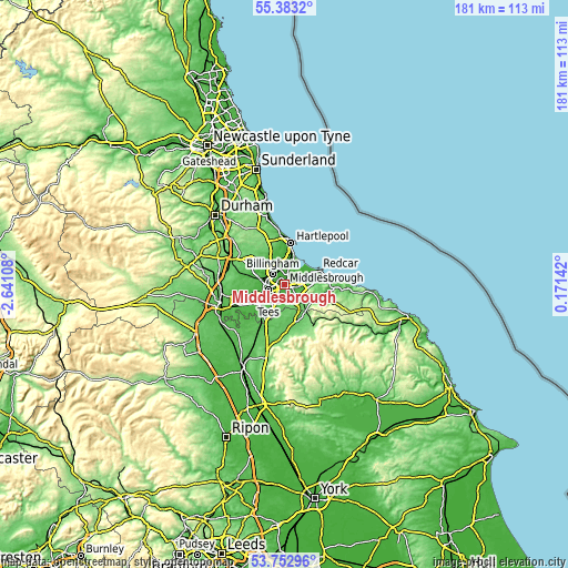 Topographic map of Middlesbrough
