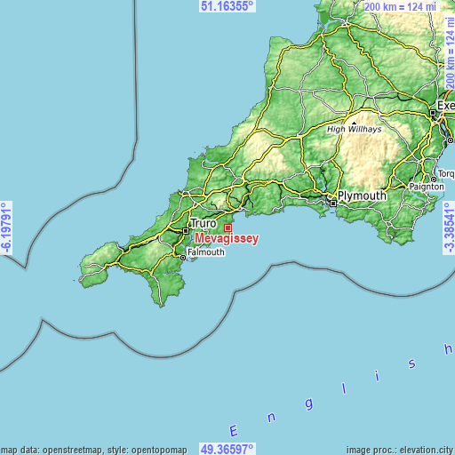 Topographic map of Mevagissey