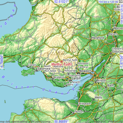 Topographic map of Merthyr Tydfil