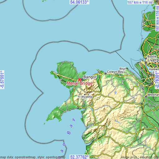 Topographic map of Menai Bridge